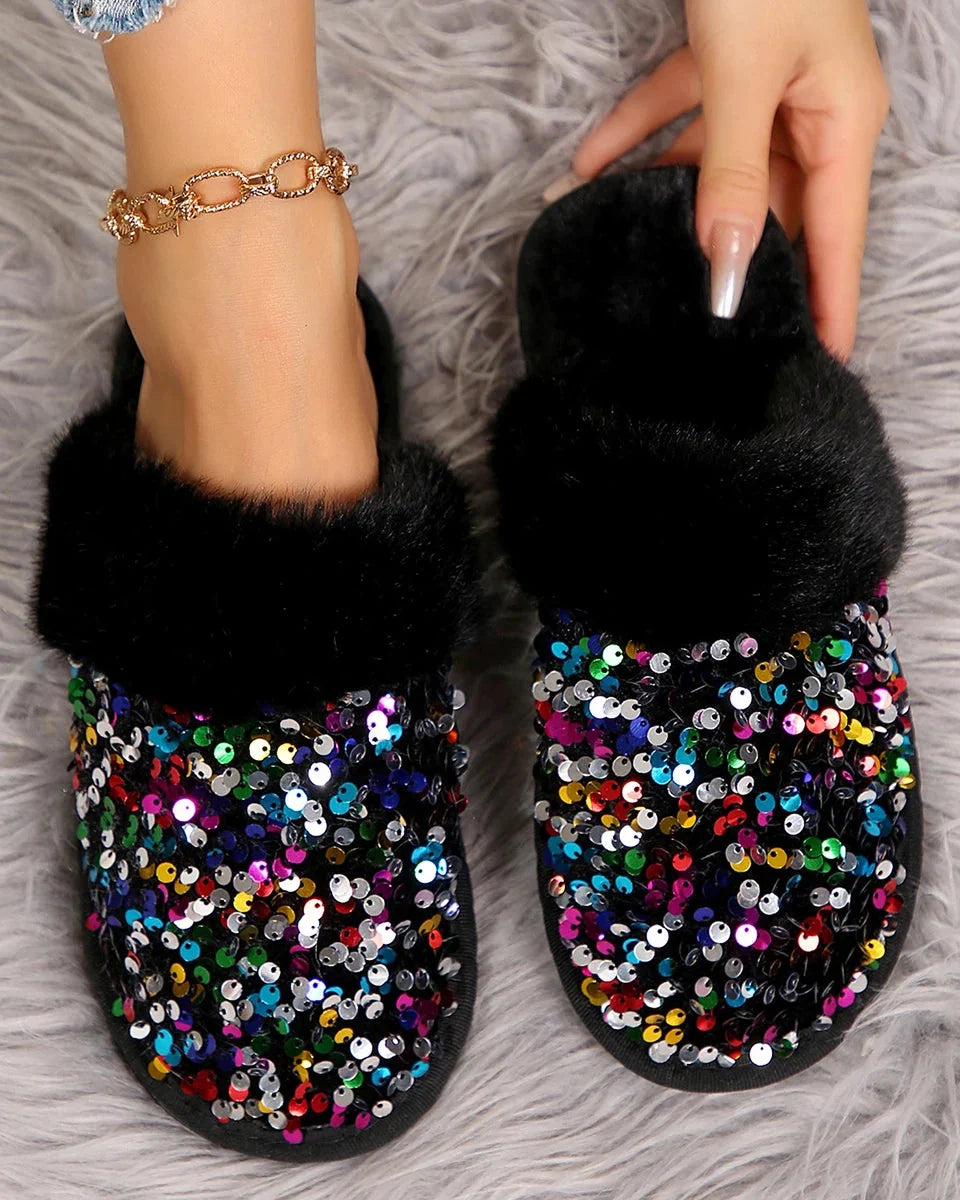 Chausson femme strass fourrure
