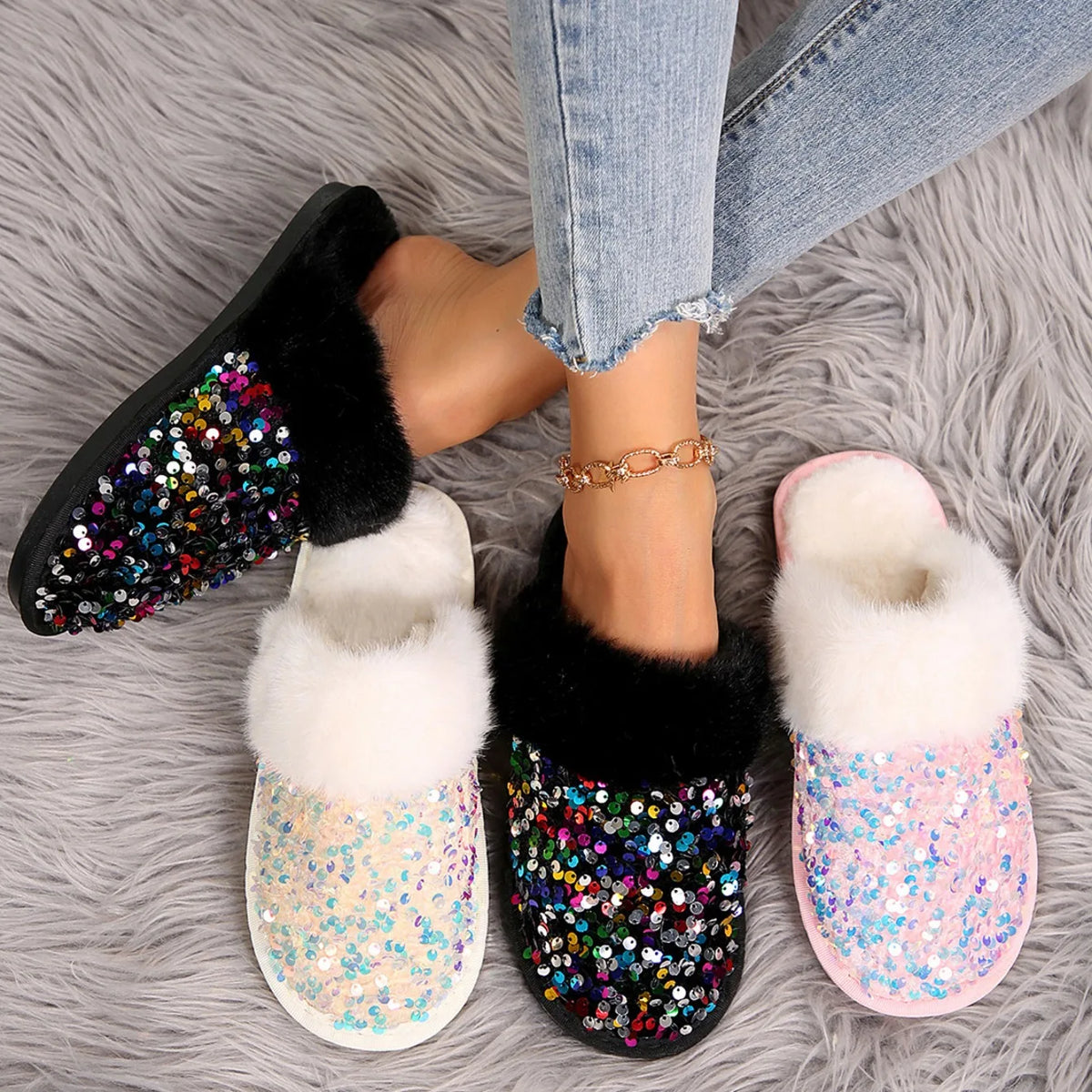 Chausson femme strass fourrure