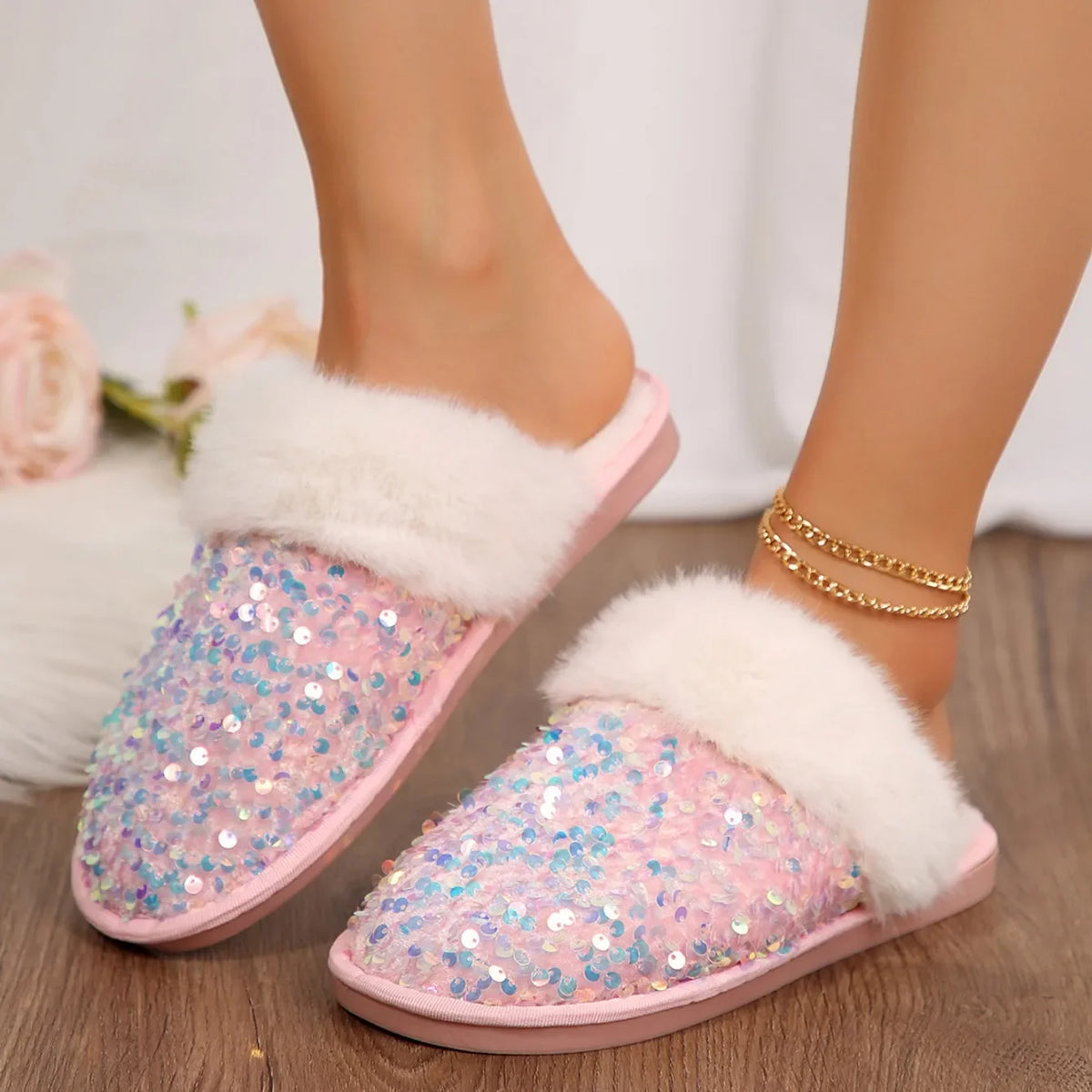 Chausson femme strass fourrure