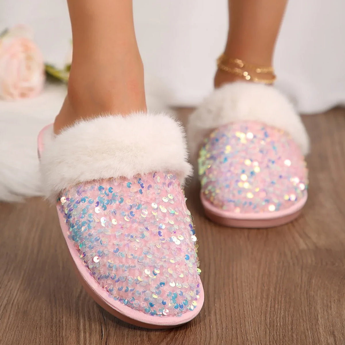 Chausson femme strass fourrure