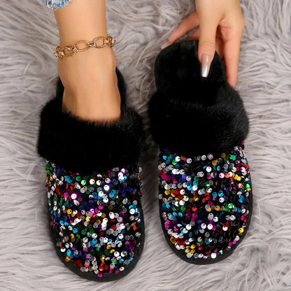 Chausson femme strass fourrure