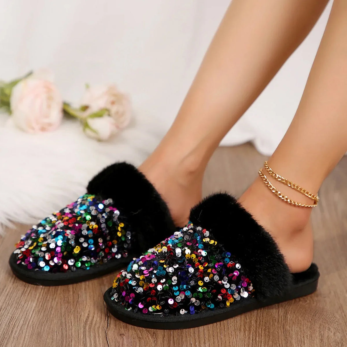Chausson femme strass fourrure