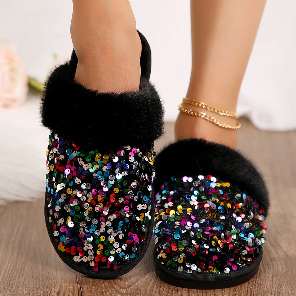 Chausson femme strass fourrure