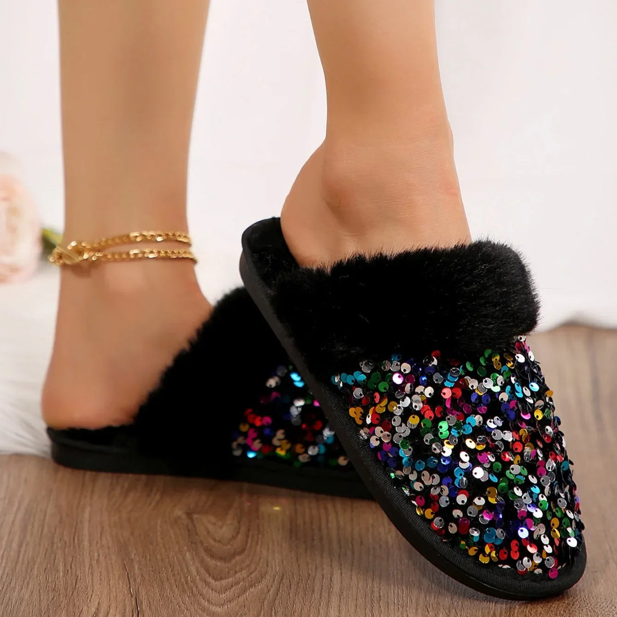 Chausson femme strass fourrure