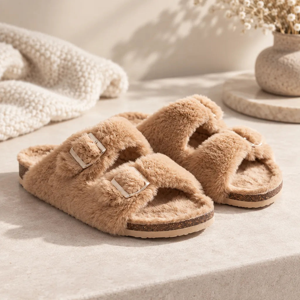 Chaussons fourrure double bride