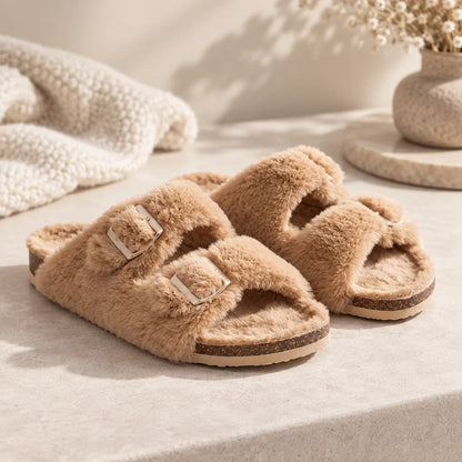 Chaussons fourrure double bride