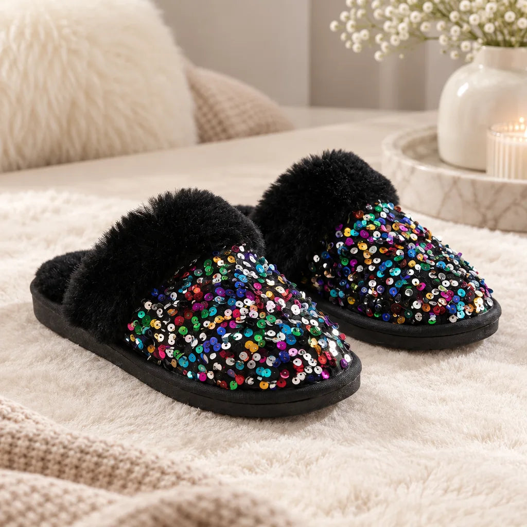 Chausson femme strass fourrure