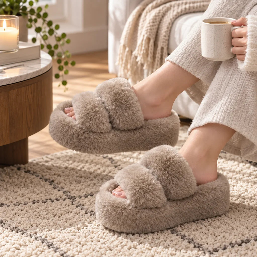 Chausson sandale plateforme fourrure