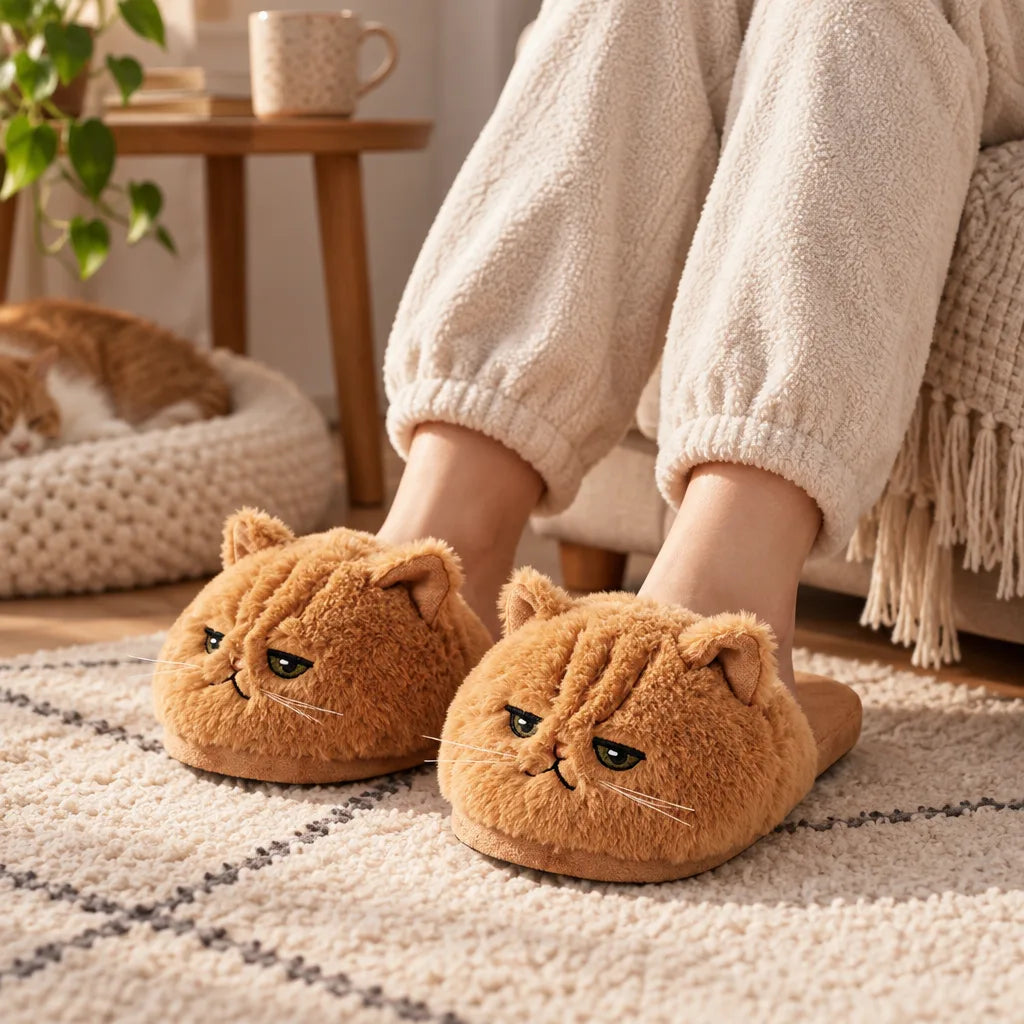 Chaussons peluche chat adulte