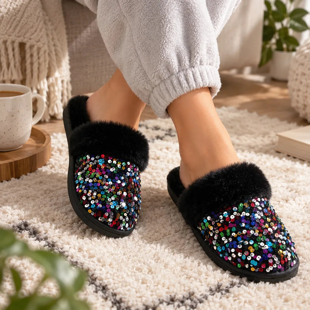 Chausson femme strass fourrure