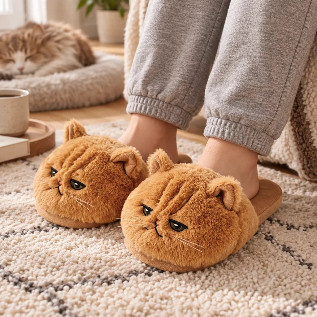 Chaussons peluche chat adulte
