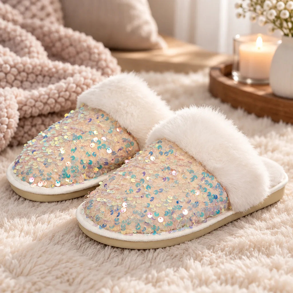 Chausson femme strass fourrure